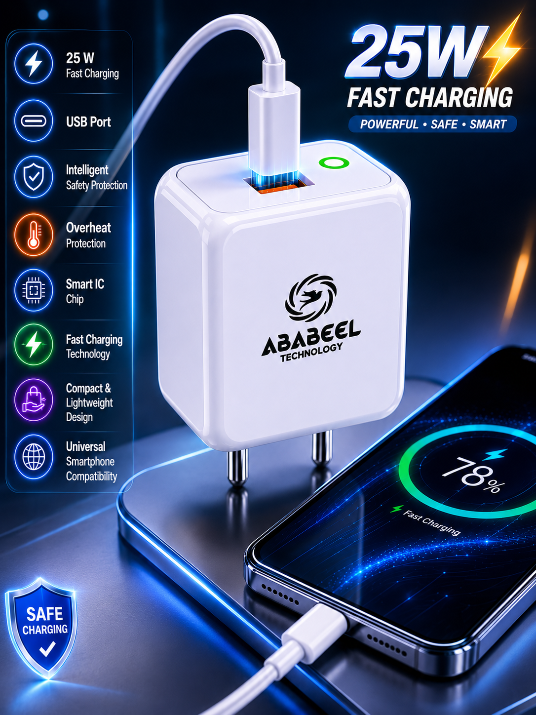 Ababeel 25W Fast Charger with LED Indicator