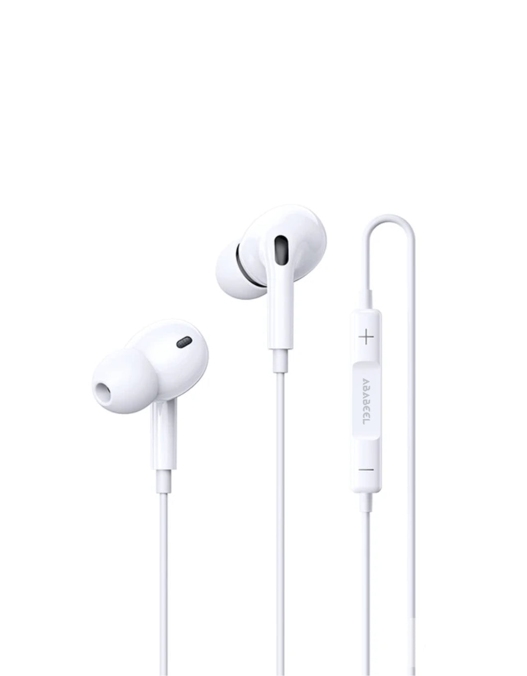 White wired in-ear headphones with a inline remote control, shown on a solid white background.
