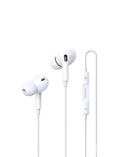 White wired in-ear headphones with a inline remote control, shown on a solid white background.