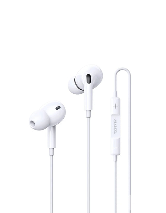 White wired in-ear headphones with a inline remote control, shown on a solid white background.
